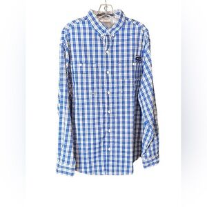 Columbia Blue and White Plaid button down large long sleeve shirt.